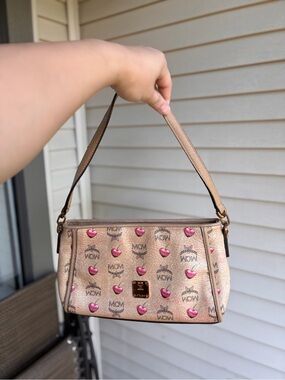 2 way MCM Metallic Beige Mini Shoulder Bag with Pink Heart Motif ( authentic)